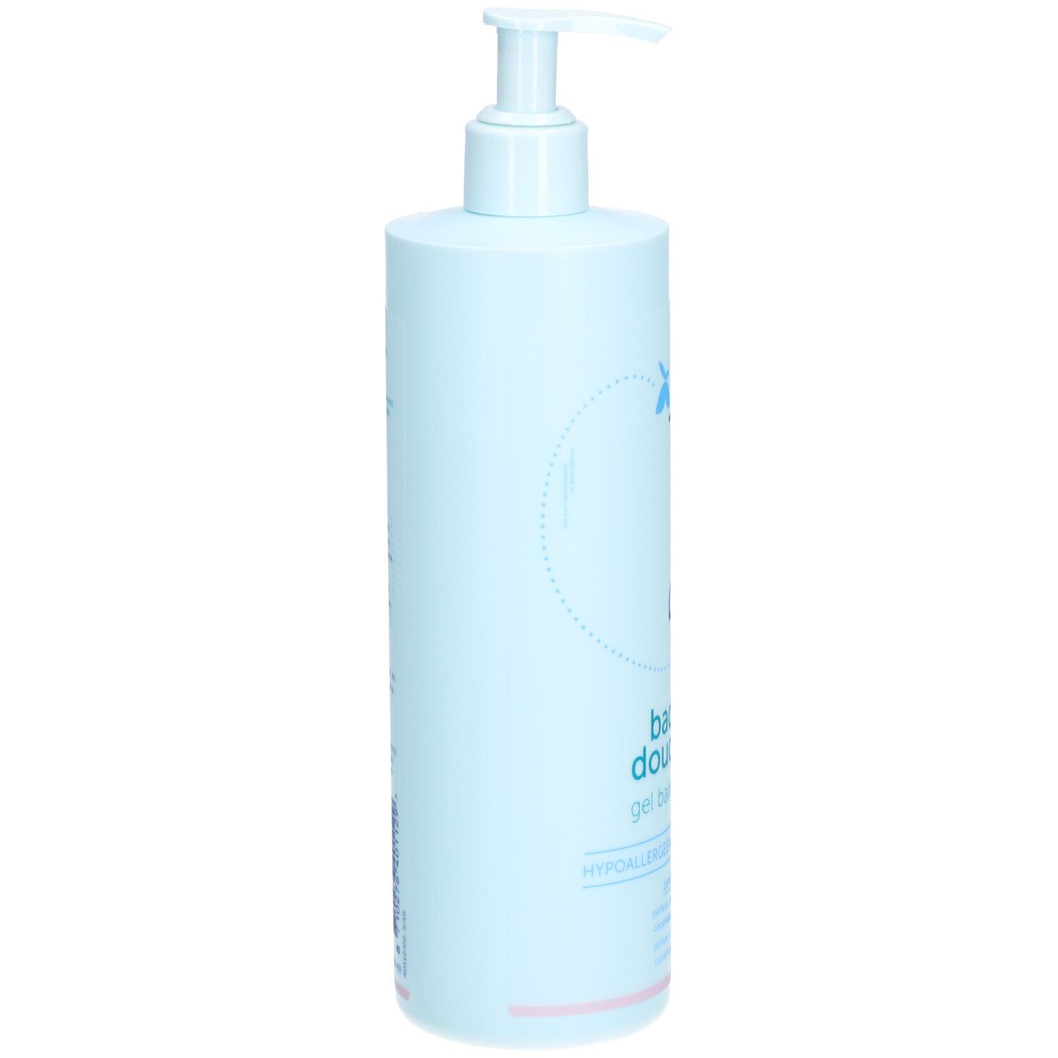 Flacon bleu clair avec pompe doseuse. Inscription : gel bain et douche. Hypoallergénique.