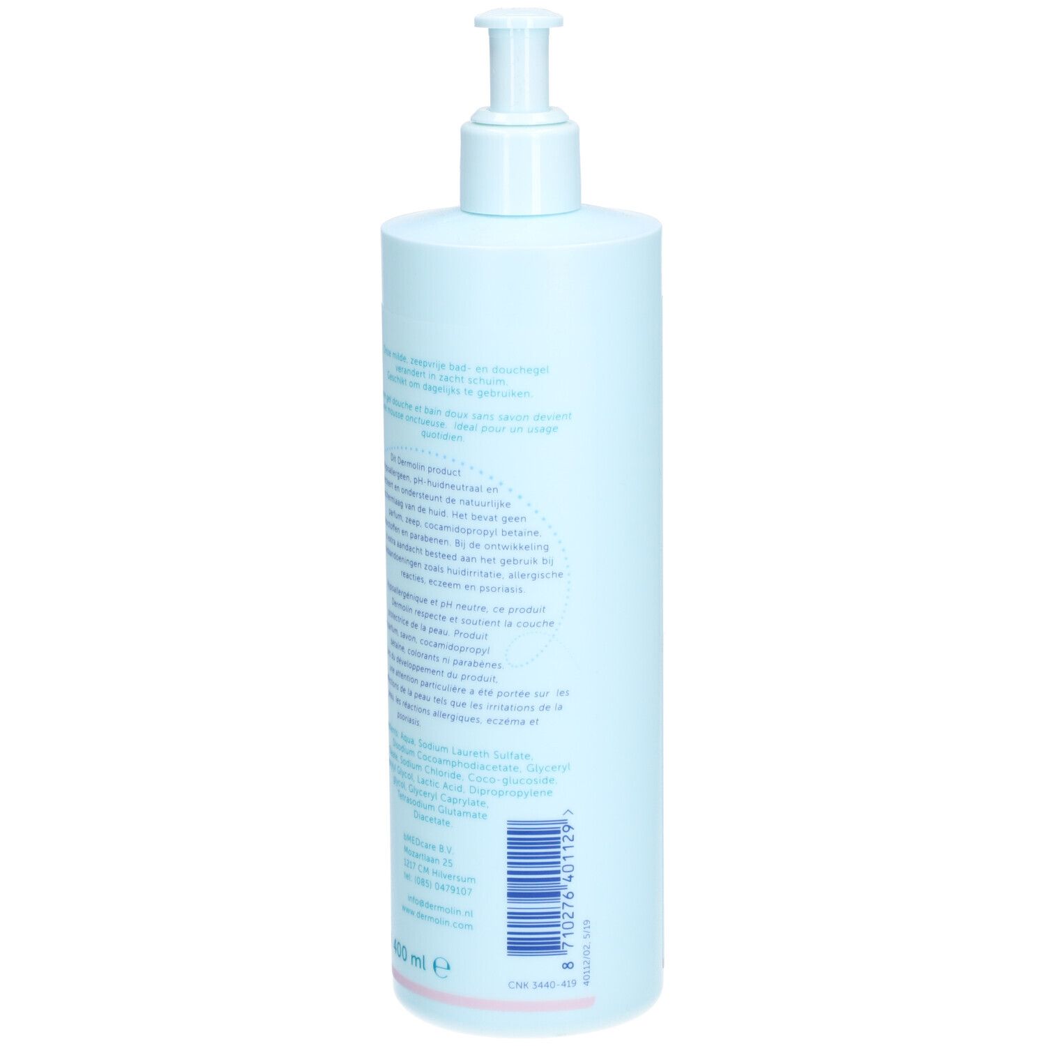 Flacon bleu clair avec pompe doseuse. Dos avec texte. Inscription : 400 ml.