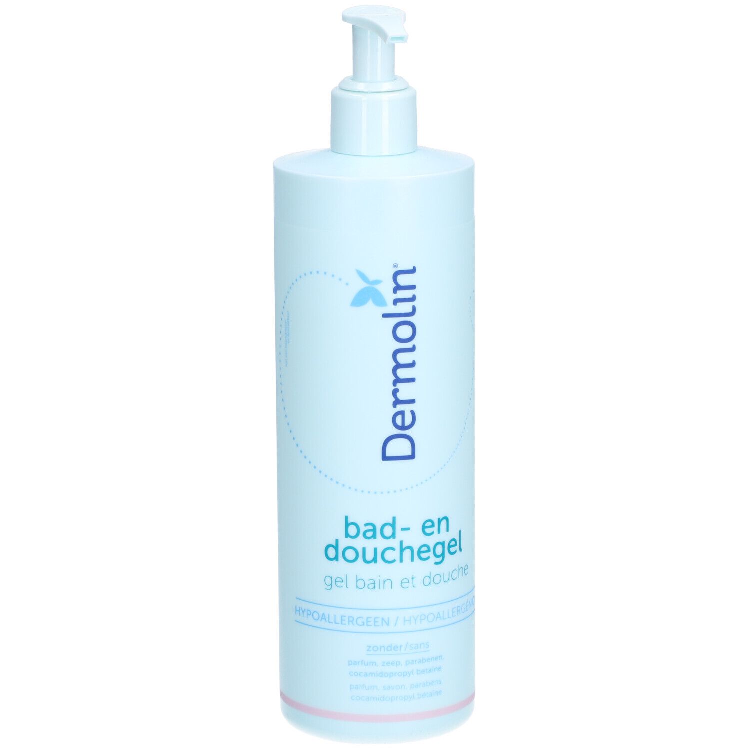 Flacon bleu clair avec pompe doseuse. Inscription : Dermolin, gel bain et douche. Hypoallergénique.