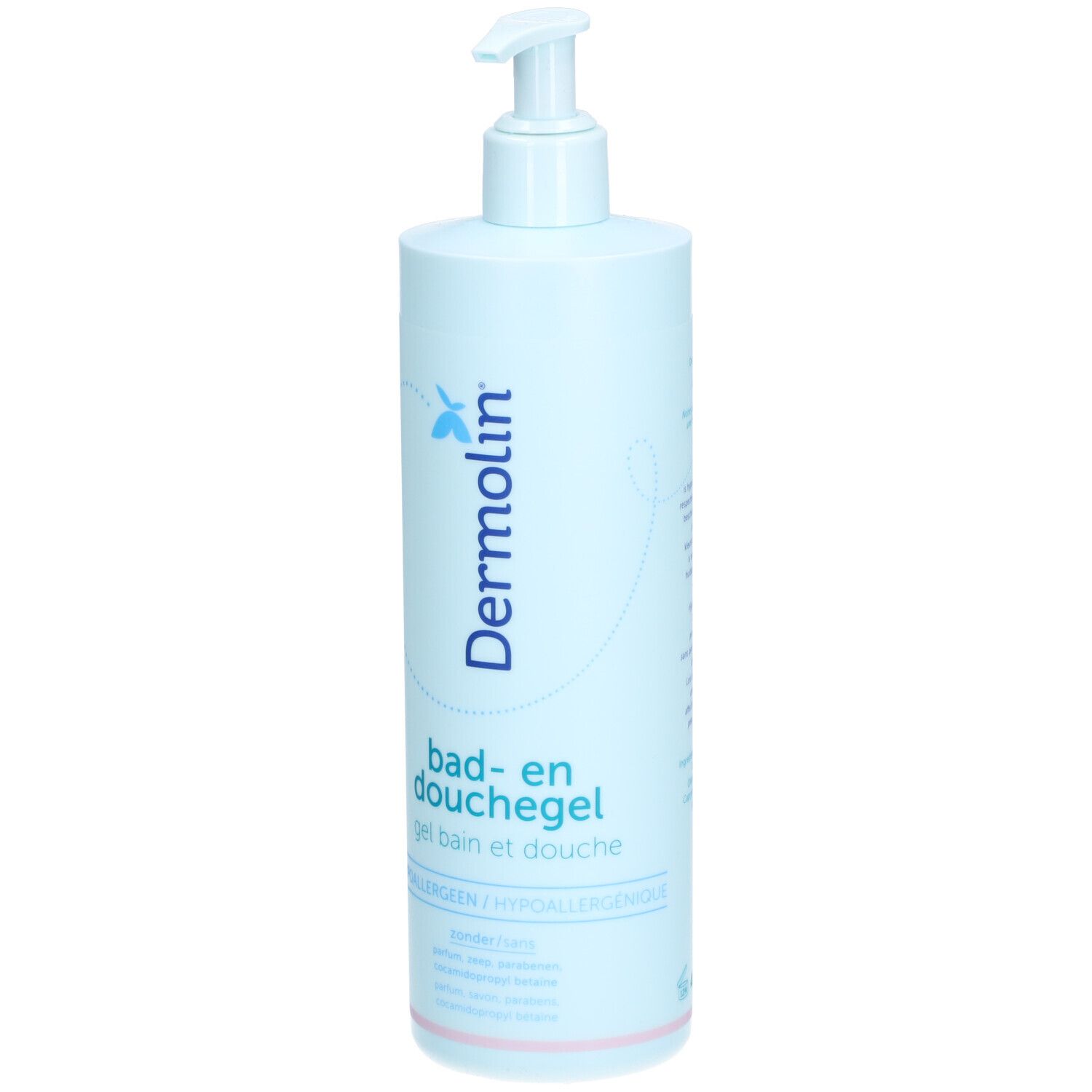 Flacon bleu clair avec pompe doseuse. Inscription : Dermolin, gel bain et douche. Hypoallergénique.