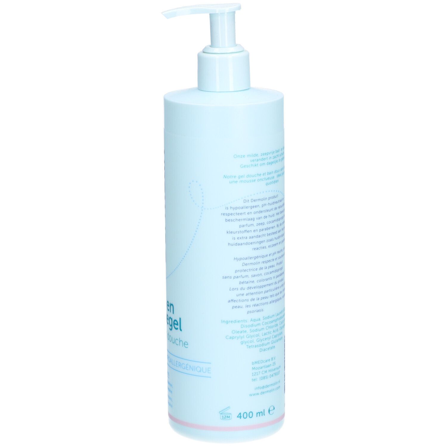 Flacon bleu clair avec pompe doseuse. Dos avec texte. Inscription : 400 ml.