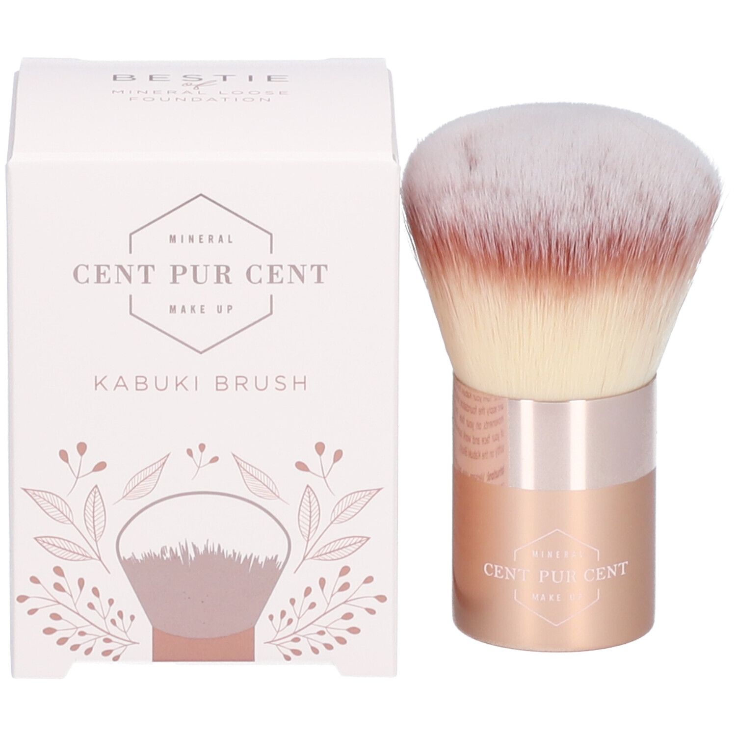 Pinceau Kabuki avec poils blancs et bruns, manche or rose. Emballage avec nom du produit et logo.