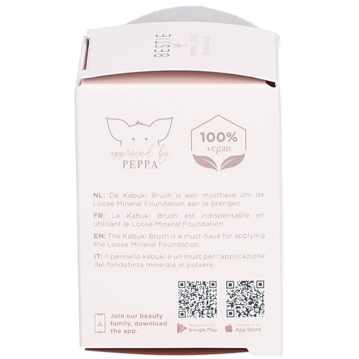 Dos de l'emballage du produit. Texte multilingue, codes QR et logo '100% vegan'.