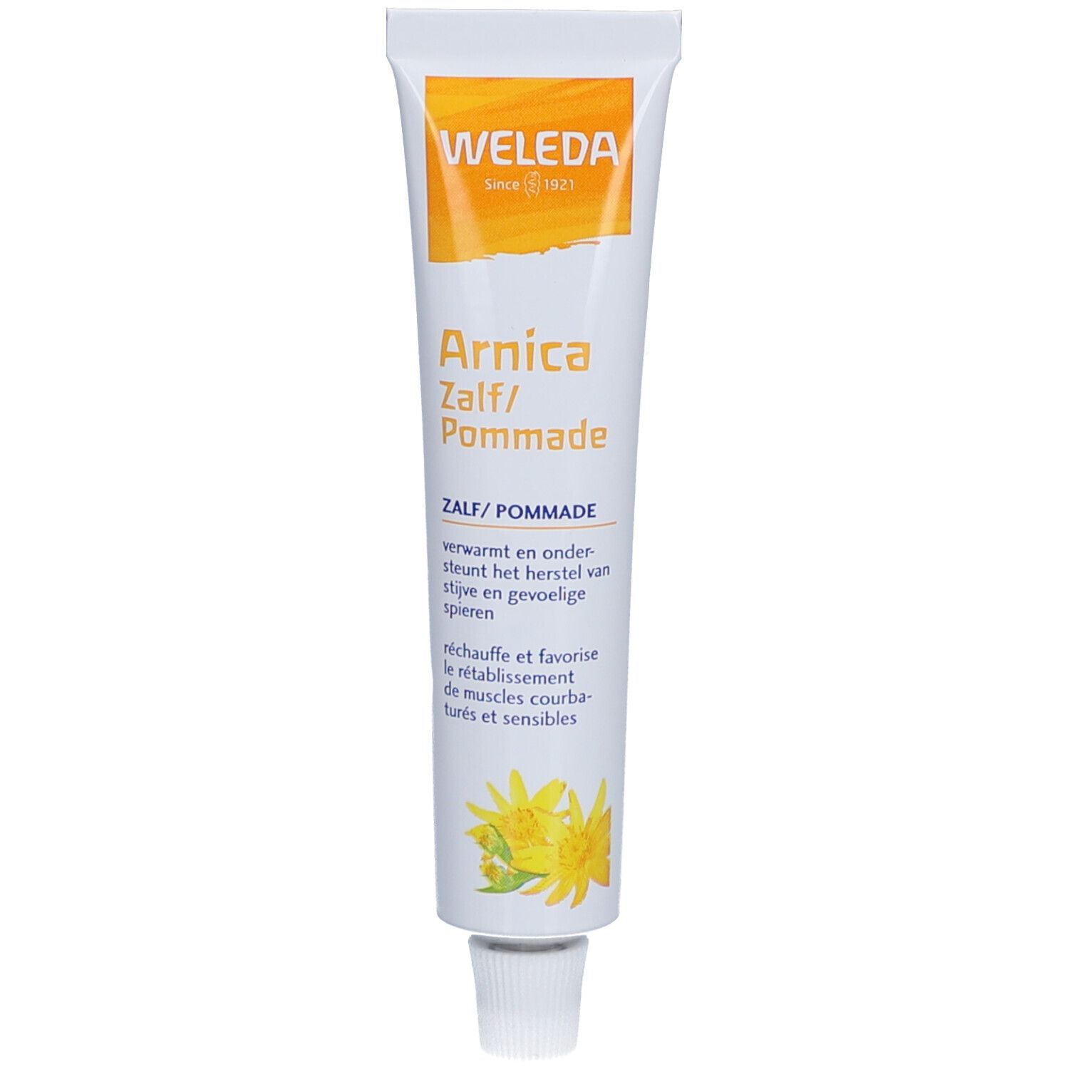 Weleda Arnica Zalf/Pommade tube. Wit, met geel-oranje logo en productnaam. Bevat bloemenillustratie.