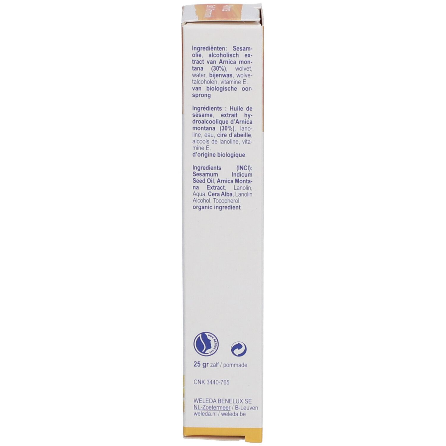 Achterkant van de Weleda Arnica Pommade doos. Bevat ingrediënten, hoeveelheid 25g en fabrikant informatie.