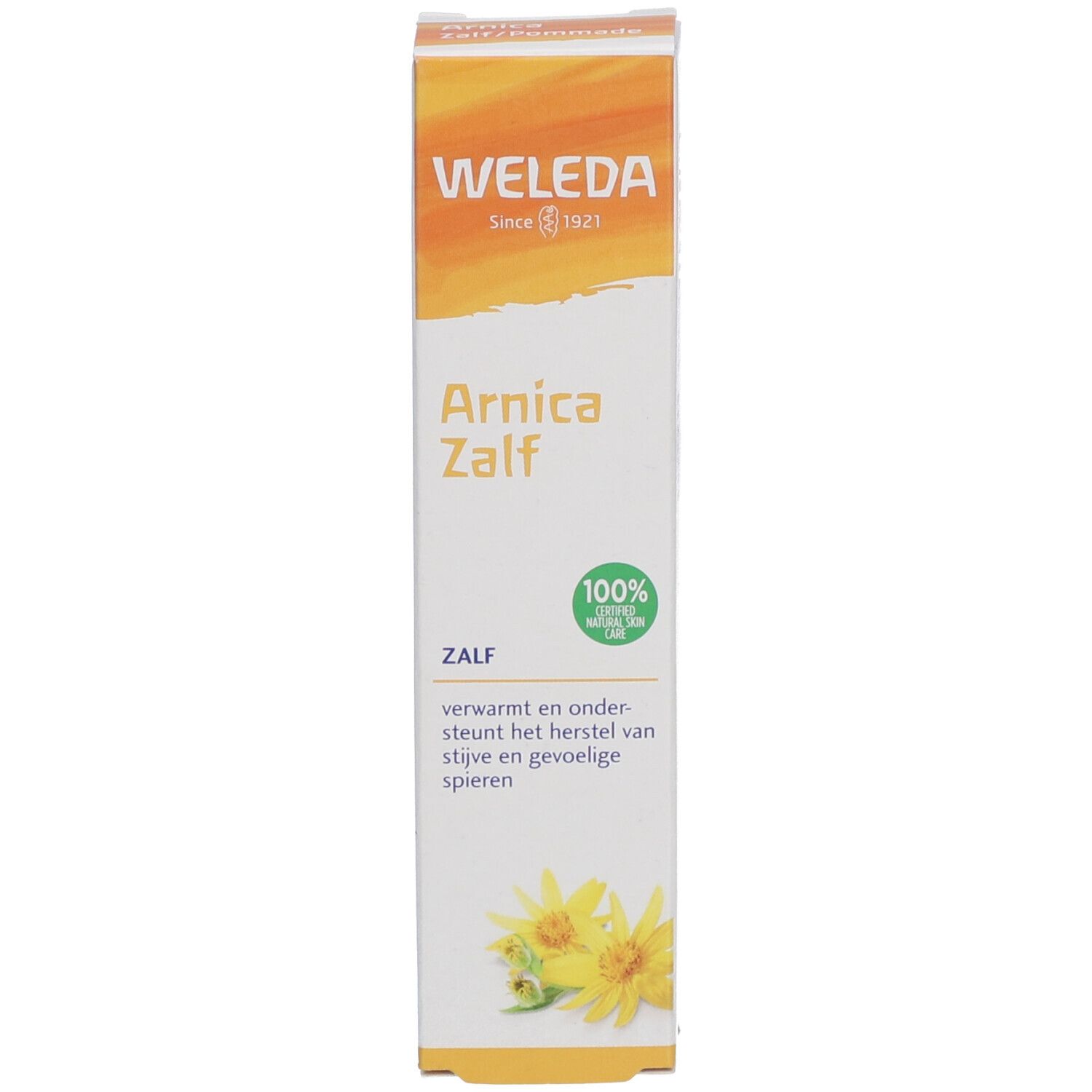 Weleda Arnica Zalf doos. Wit met geel-oranje logo en productnaam. Bevat 100% Natural zegel.