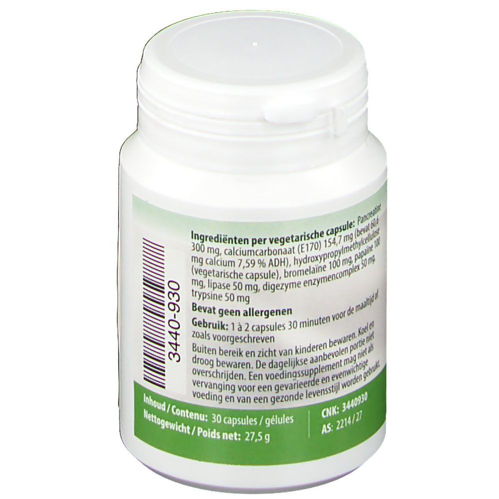 Flacon blanc avec bouchon à vis. Liste des ingrédients et instructions de dosage. Contient 30 gélules. Complément alimentaire.