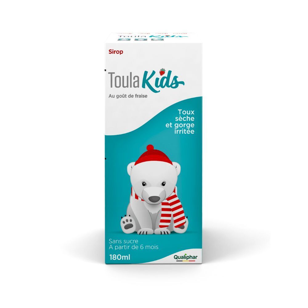 Boîte de sirop Toulakids. Illustration : ours polaire avec bonnet et écharpe. Texte : toux sèche, gorge irritée, sans sucre, dès 6 mois.
