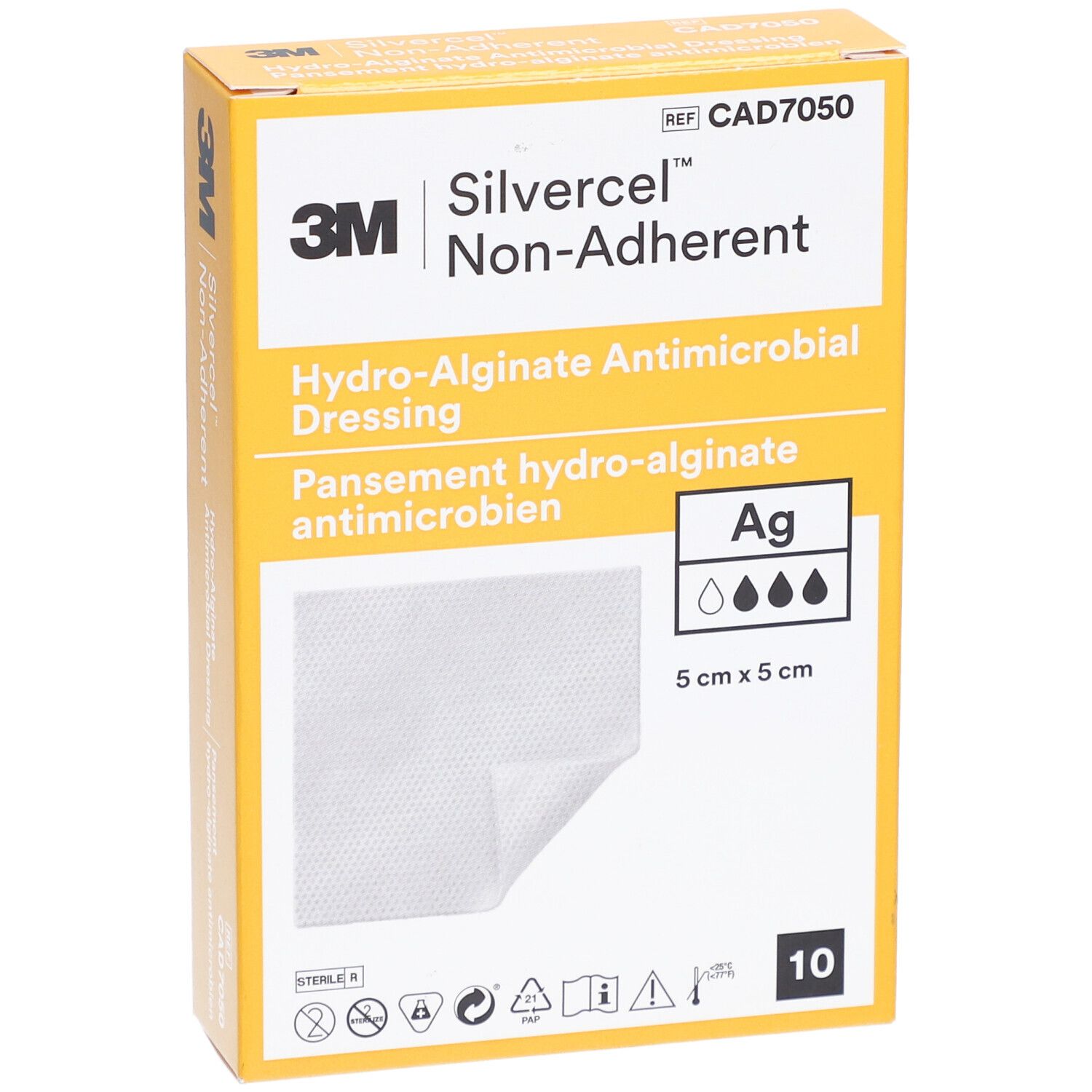 Verpackung von Silvercel® nicht haftendem Hydroalginat Wundverband. Enthält 10 Verbände. Aufdruck: 5 cm x 5 cm.