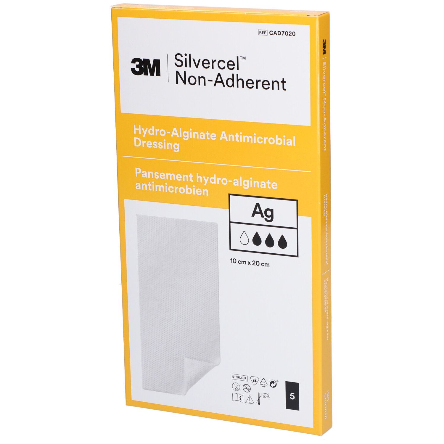 Emballage de pansement 3M Silvercel Non-Adherent avec un pansement ouvert. Dimensions 10 x 20 cm. Marquage CE.