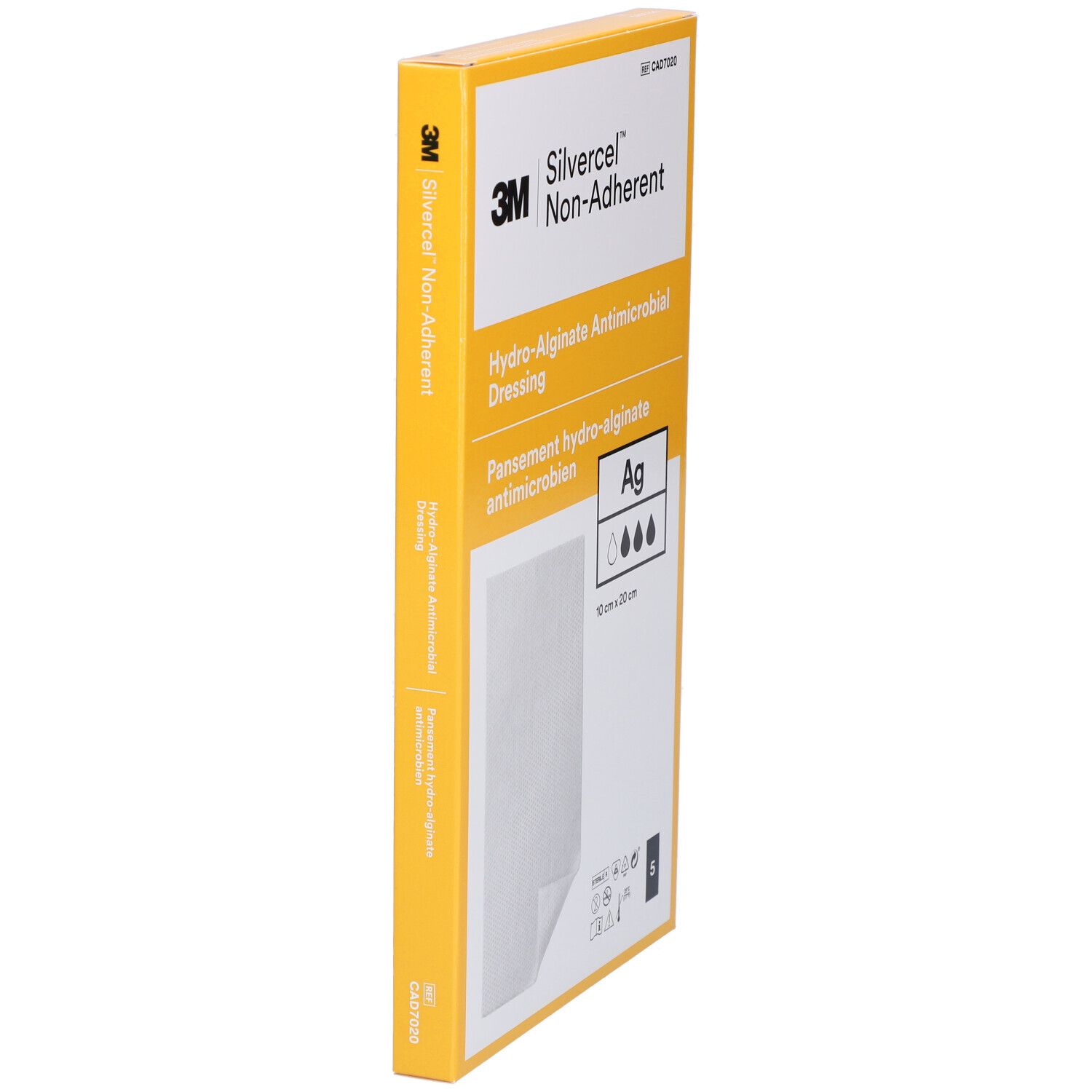 Emballage incliné de pansement 3M Silvercel Non-Adherent avec pansement ouvert. Dimensions 10 x 20 cm. Marquage CE.