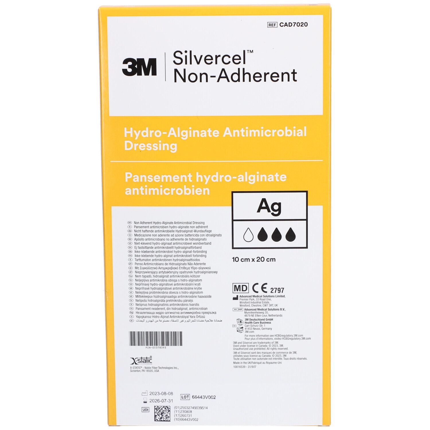 Emballage de pansement 3M Silvercel Non-Adherent. Pansement antimicrobien hydro-alginate. Dimensions 10 x 20 cm. Marquage CE.
