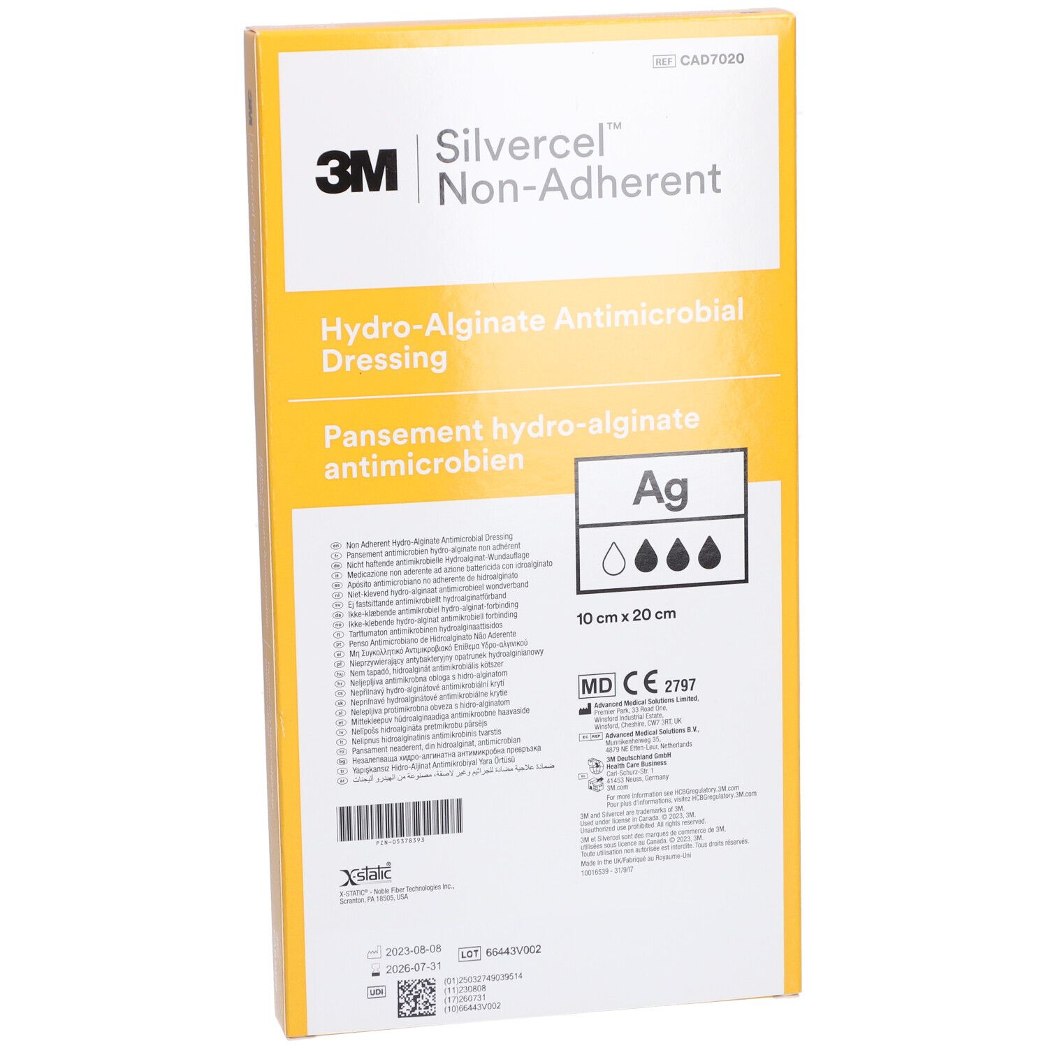 Emballage de pansement 3M Silvercel Non-Adherent. Pansement antimicrobien hydro-alginate. Dimensions 10 x 20 cm. Marquage CE.