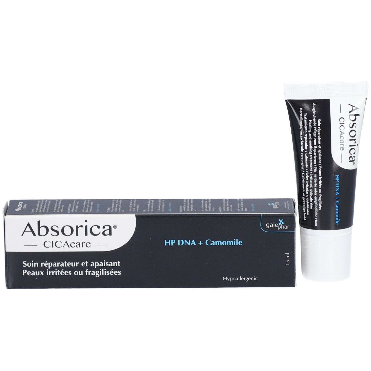 Produktverpackung und Tube. Aufschrift: Absorica CICAcare HP DNA + Kamille. Verpackung: weiß, schwarz.