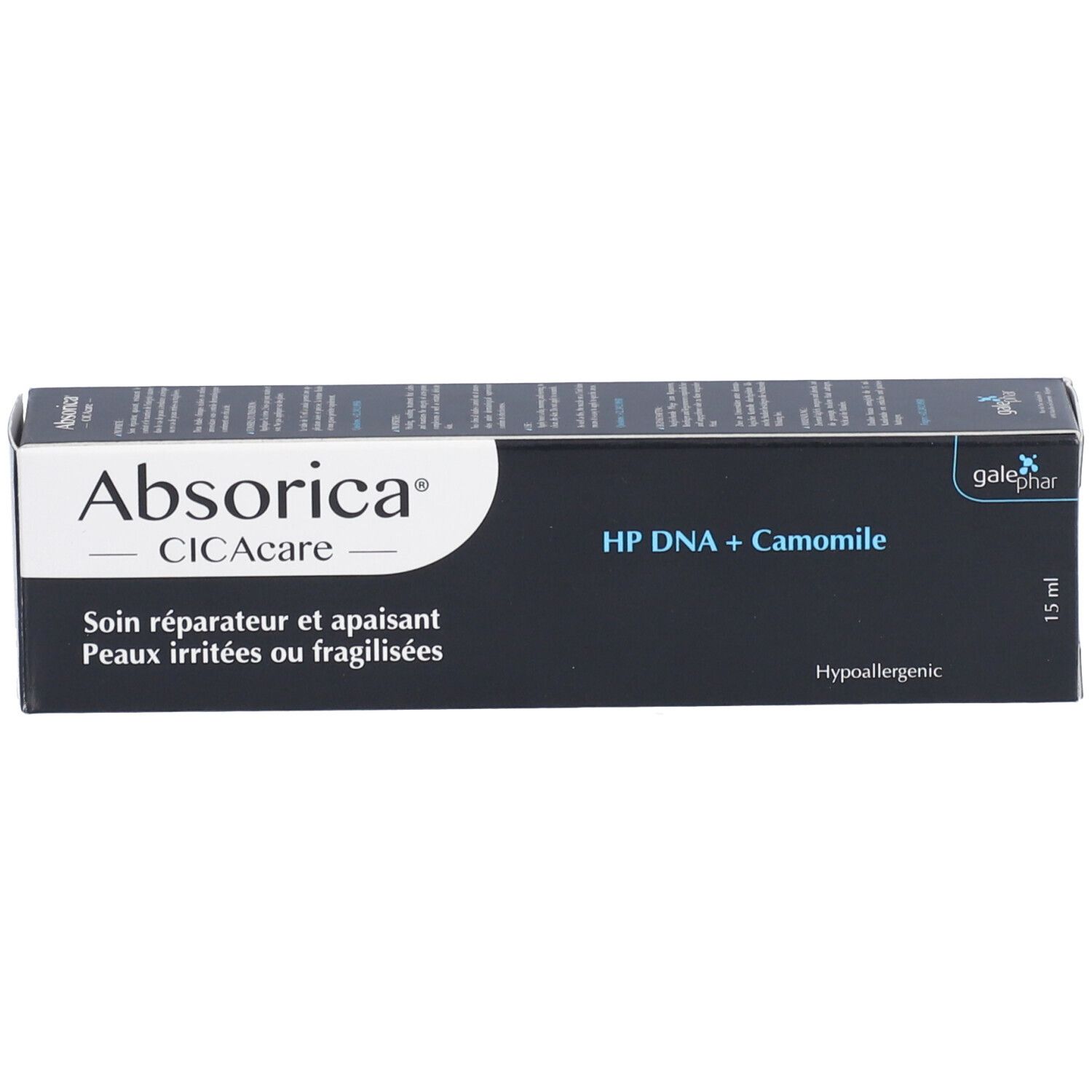 Schwarze Produktverpackung. Aufschrift: Absorica CICAcare HP DNA + Kamille. Text in mehreren Sprachen. Hypoallergen.