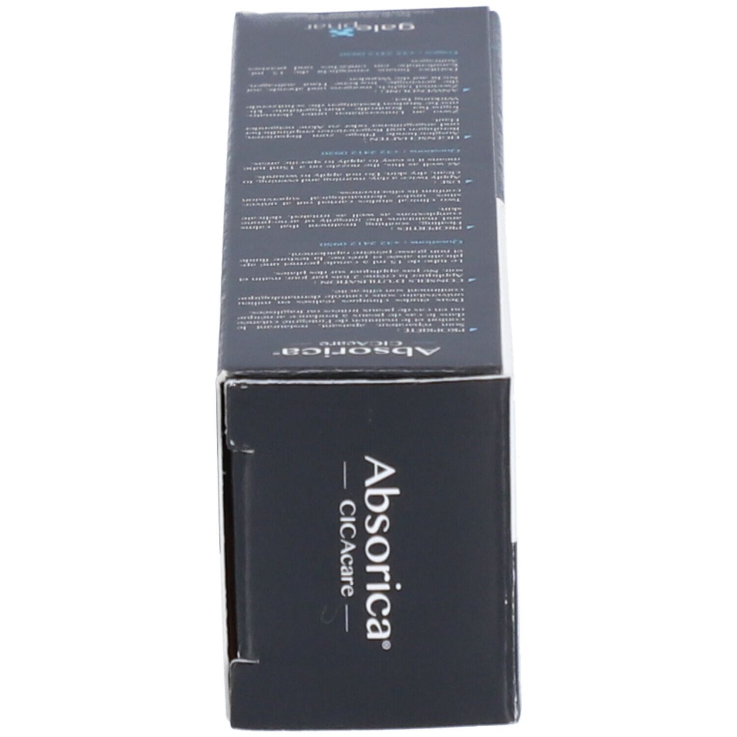 Produktverpackung, Seitenansicht. Aufschrift: Absorica CICAcare. Text in mehreren Sprachen.