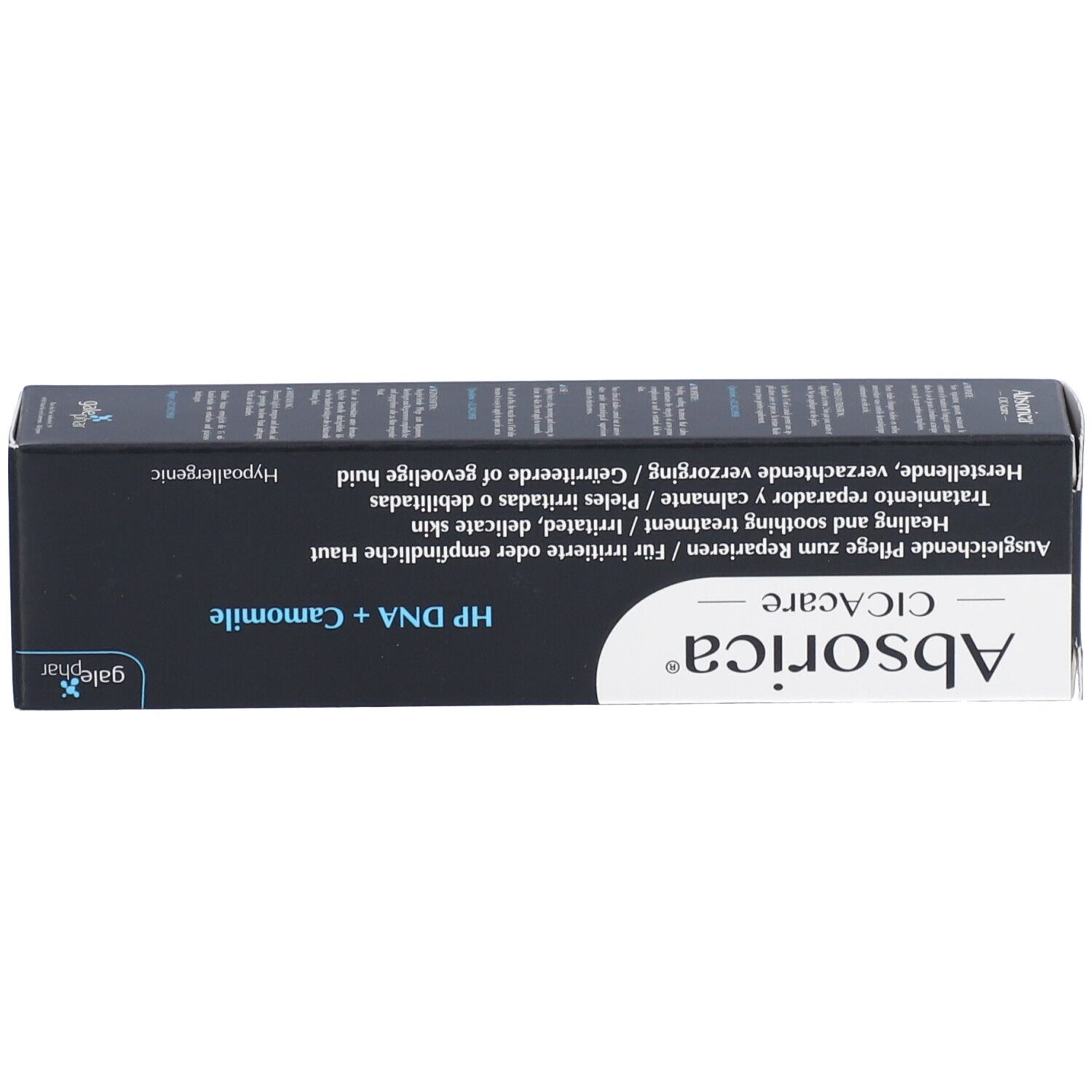 Produktverpackung, Oberseite. Aufschrift: Absorica CICAcare HP DNA + Kamille. Text in mehreren Sprachen.