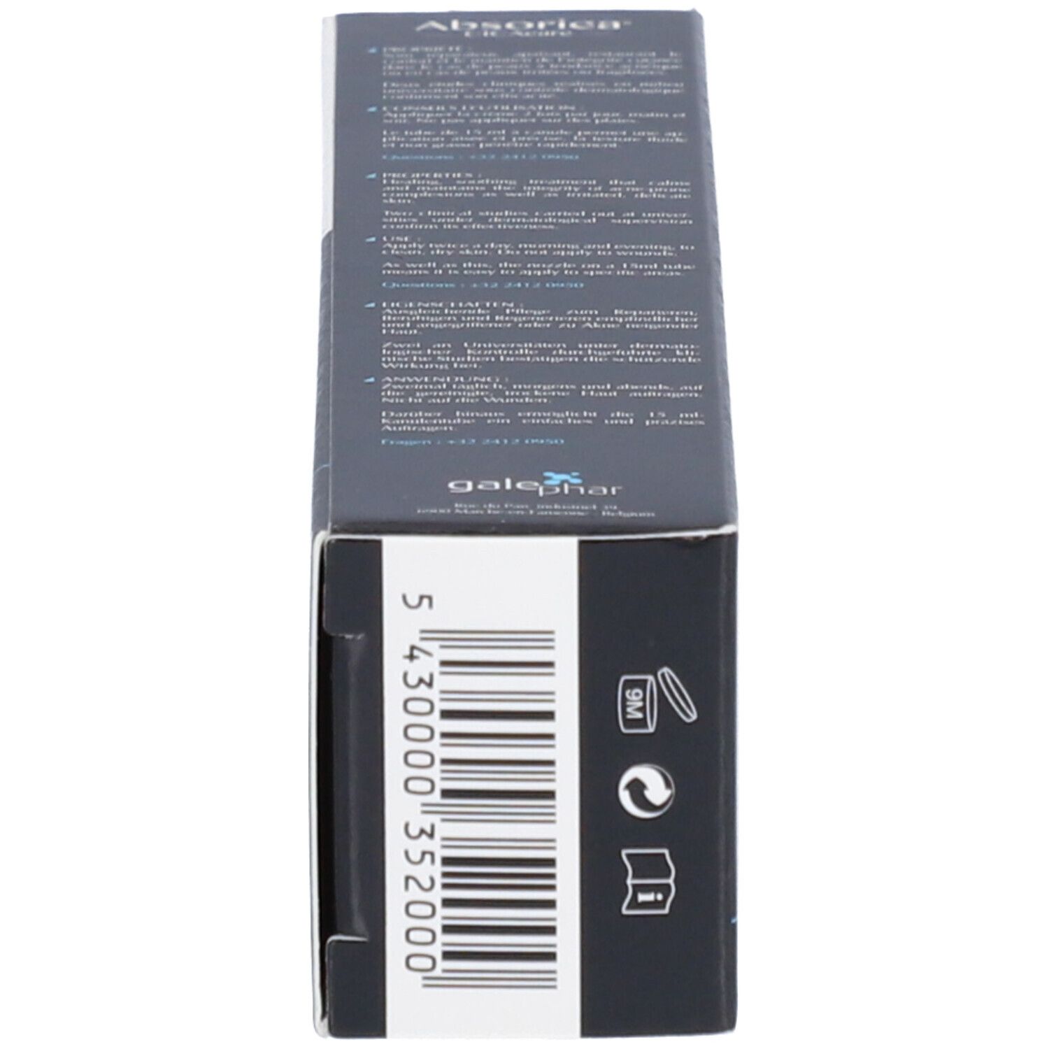 Produktverpackung, Rückseite. Barcode und andere Symbole. Text in mehreren Sprachen.