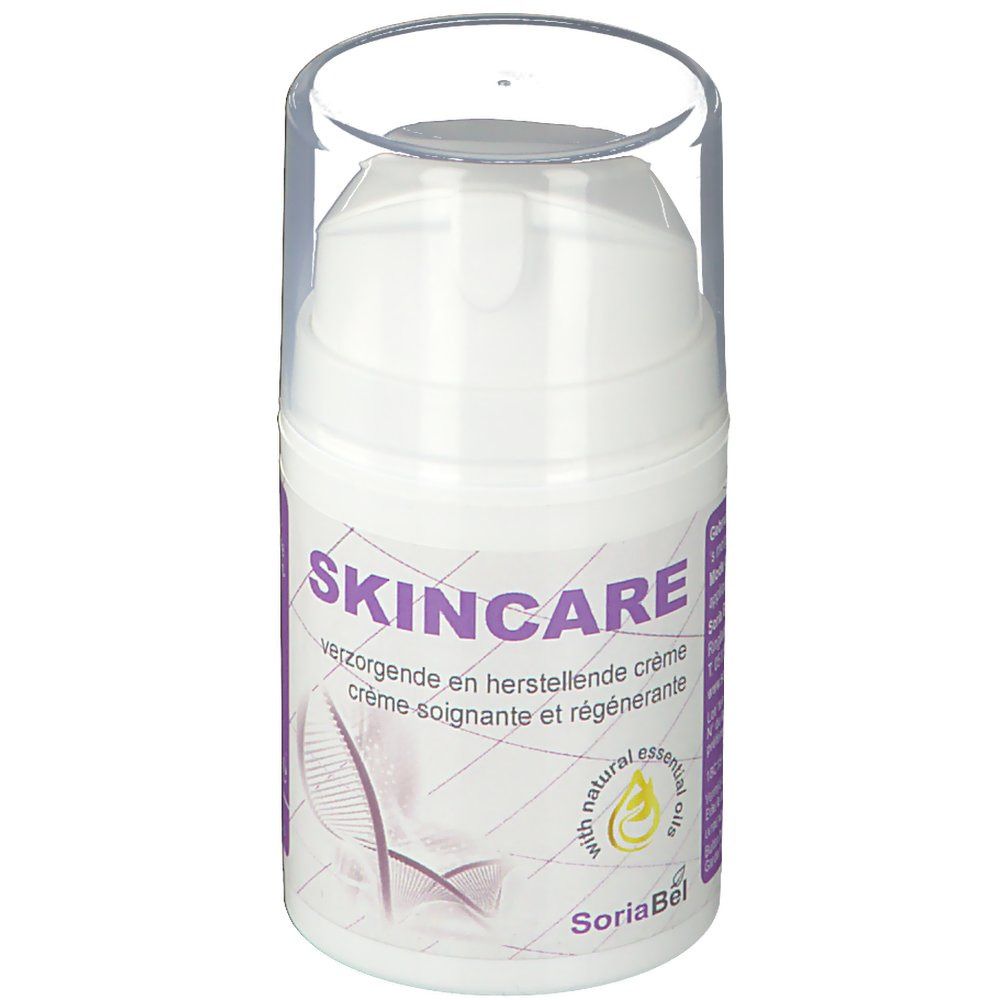 Flacon de crème blanc avec couvercle transparent. Inscription : SKINCARE. Étiquette violette avec logo et texte. SoriaBel.