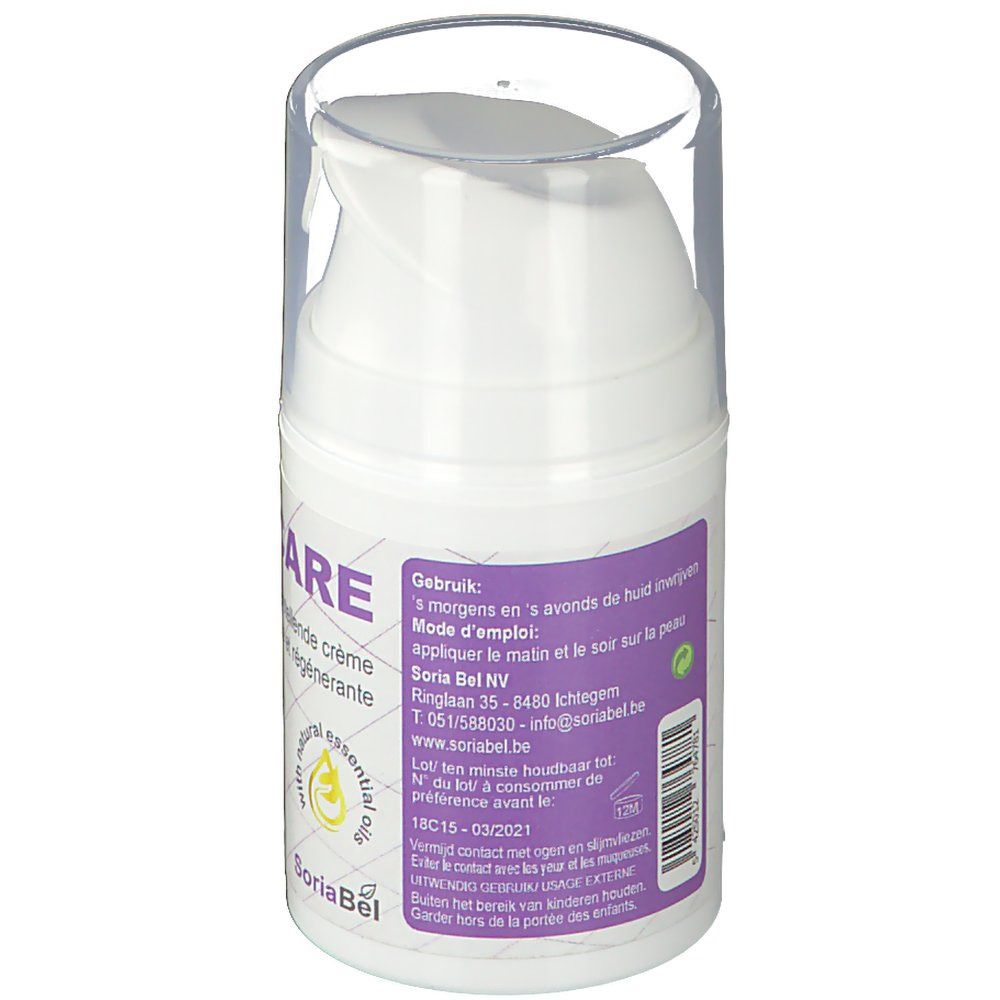 Flacon de crème blanc avec couvercle transparent. Étiquette violette avec texte. Mode d'emploi. Soria Bel NV. Date de péremption.