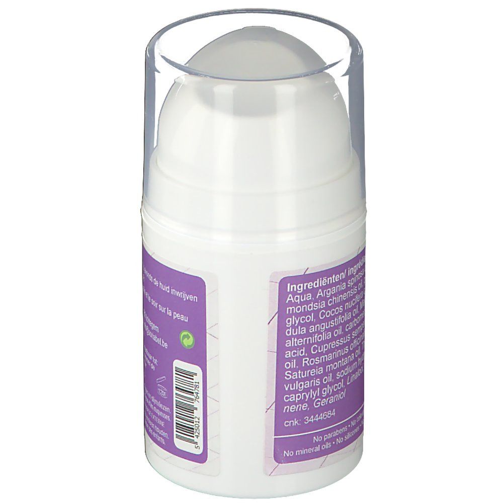 Flacon de crème blanc avec couvercle transparent. Dos avec étiquette violette. Ingrédients listés. Numéro CNK.