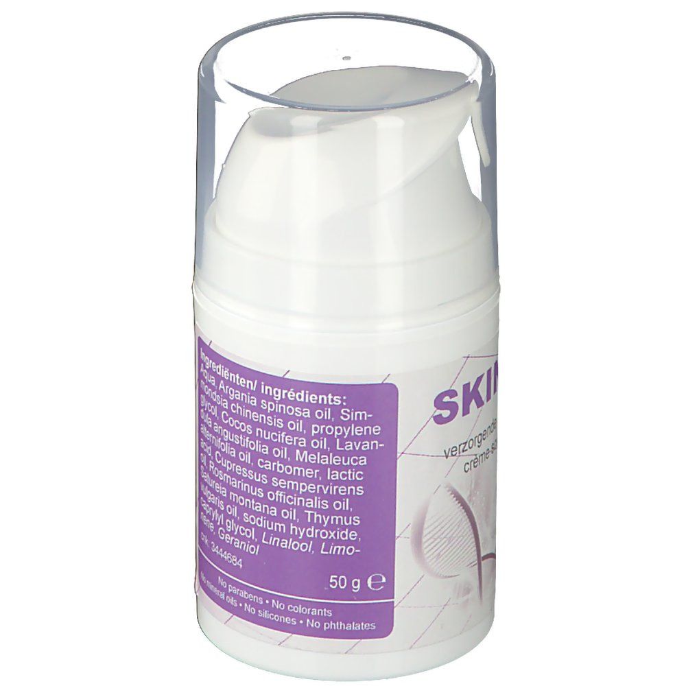 Flacon de crème blanc avec couvercle transparent. Étiquette violette avec ingrédients et 50g. Sans parabènes, colorants ni savons.