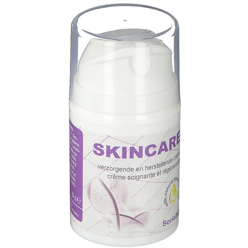 Flacon de crème blanc avec couvercle transparent. Inscription : SKINCARE. Étiquette violette avec logo et texte. SoriaBel.