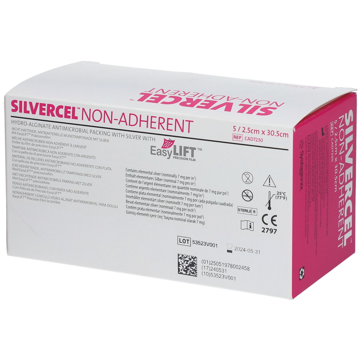 Confezione Silvercel®, bianca con accento rosa. Nome e specifiche visibili. Marchio CE.