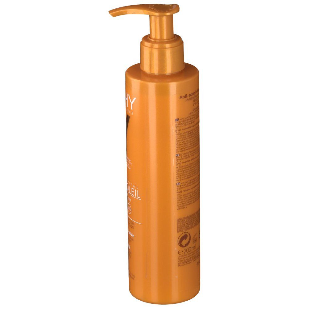 Flacon orange avec pompe. Texte et logos sur le côté.