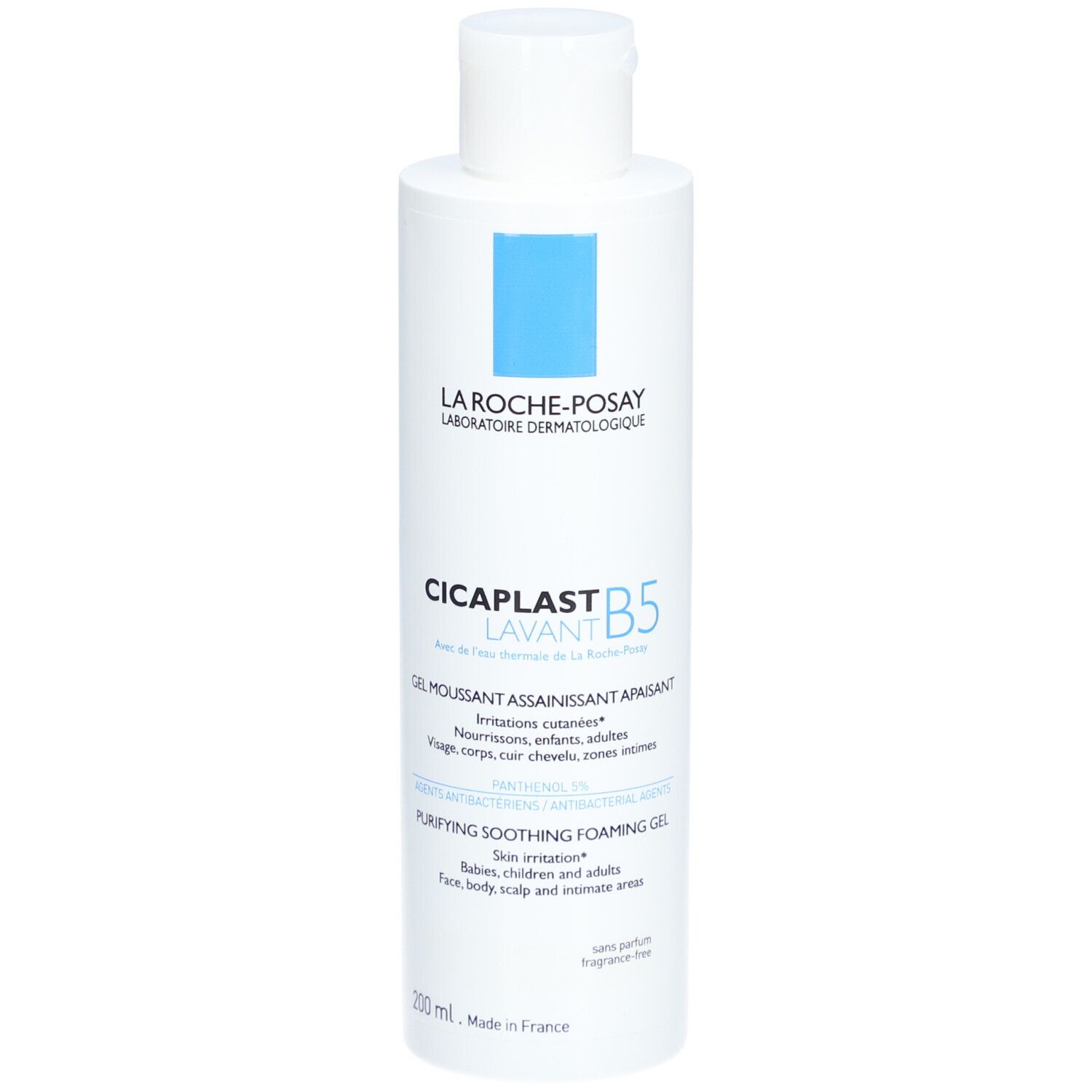 Witte fles met blauwe rechthoek. Opschrift: La Roche-Posay, Cicaplast B5 Lavant. Reinigende, verzachtende gel.