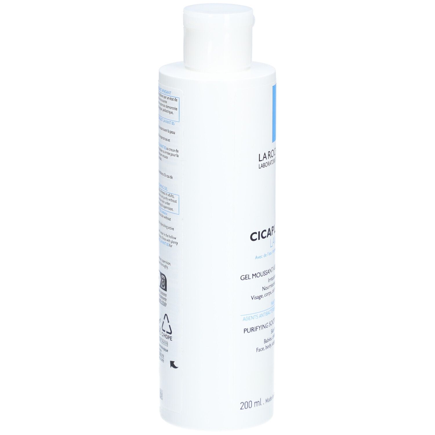 Achterkant witte fles. Tekst en symbolen. La Roche-Posay, Cicaplast B5 Lavant. 200 ml. Gemaakt in Frankrijk.