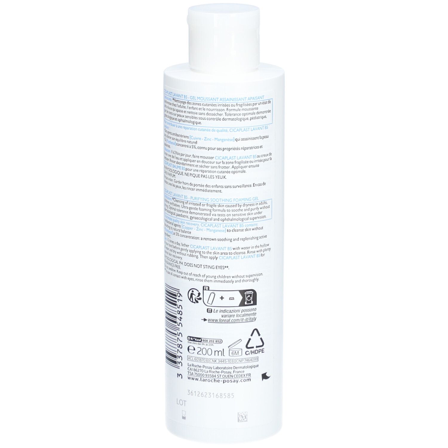 Achterkant witte fles. Tekst en symbolen. La Roche-Posay, Cicaplast B5 Lavant. 200 ml. Gemaakt in Frankrijk.