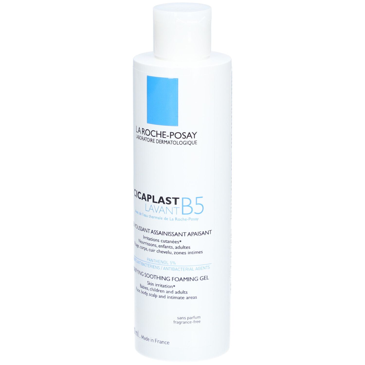Witte fles met blauwe rechthoek. Opschrift: La Roche-Posay, Cicaplast B5 Lavant. Reinigende, verzachtende gel.