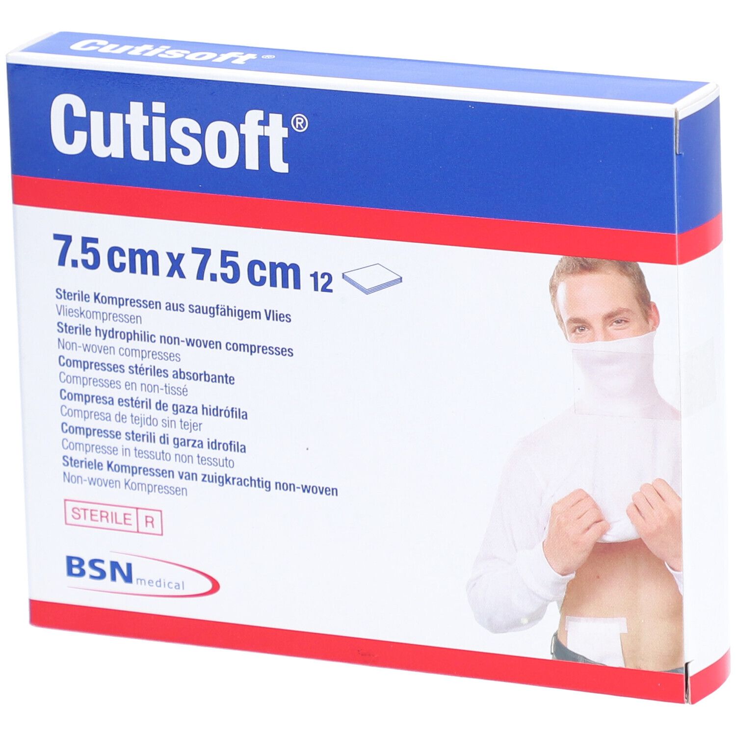 Confezione di Cutisoft® Vlieskompresse steril, 7,5 cm x 7,5 cm, 12 pezzi. Marchi: Cutisoft®, BSN medical.