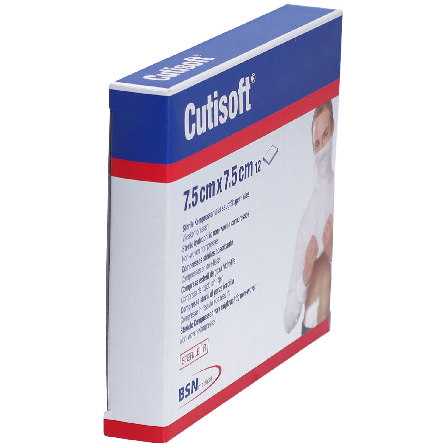 Vista obliqua della confezione di Cutisoft® Vlieskompresse steril, 7,5 cm x 7,5 cm. Marchi: Cutisoft®, BSN medical.