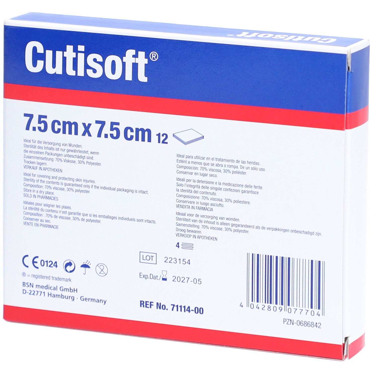Retro della confezione di Cutisoft® Vlieskompresse steril, 7,5 cm x 7,5 cm. Informazioni sugli ingredienti, lotto e scadenza.