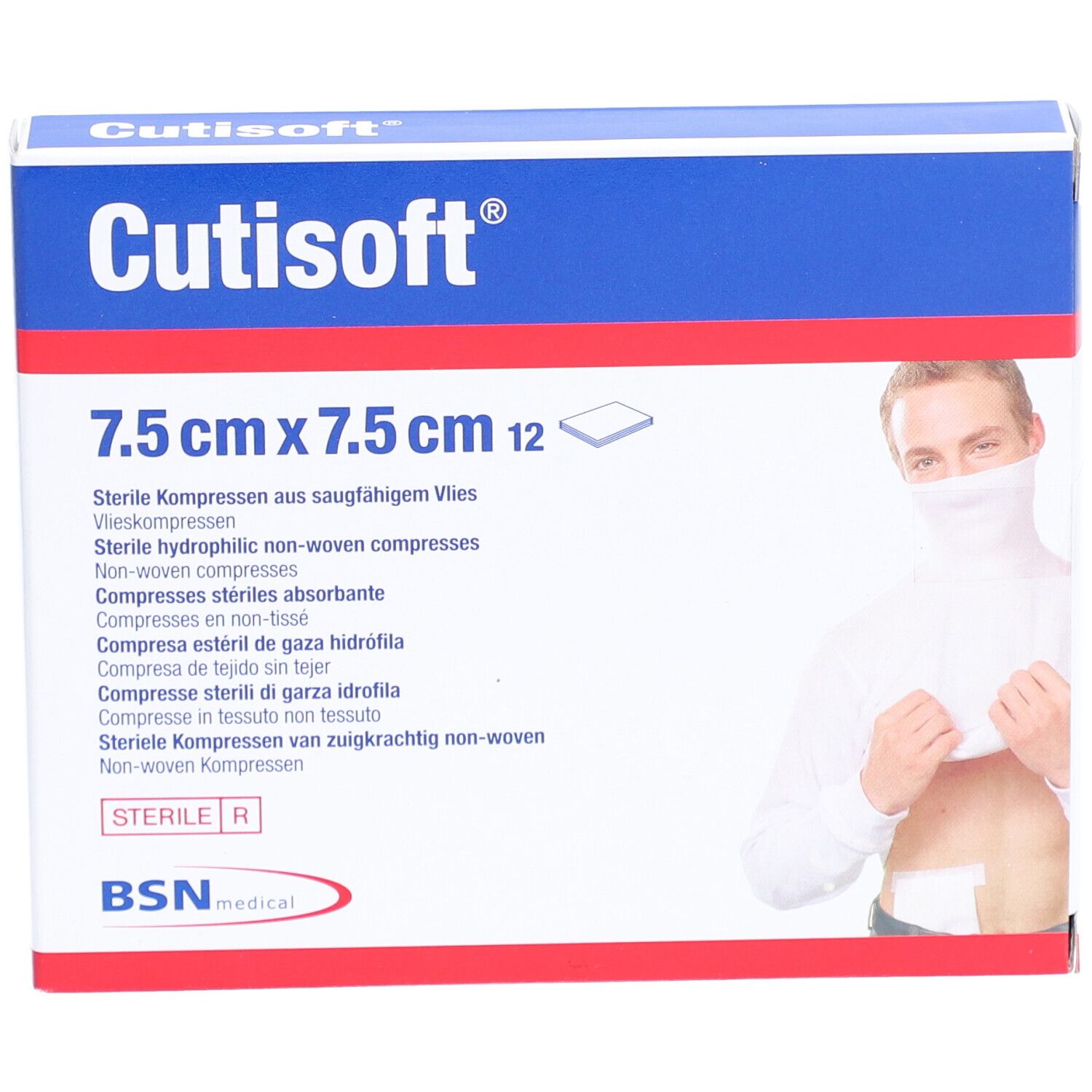 Confezione di Cutisoft® Vlieskompresse steril, 7,5 cm x 7,5 cm, 12 pezzi. Marchi: Cutisoft®, BSN medical. Immagine di persona con compressa.