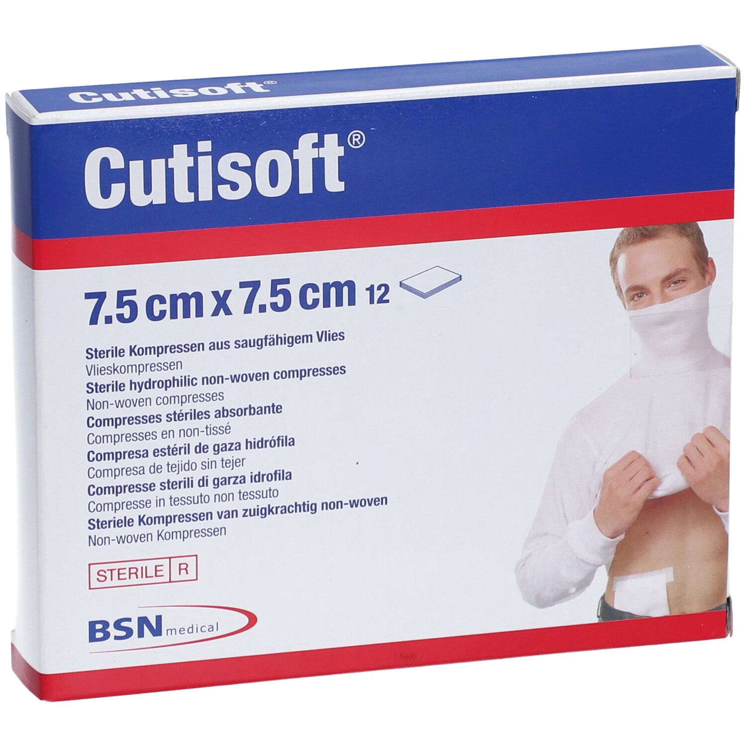 Confezione di Cutisoft® Vlieskompresse steril, 7,5 cm x 7,5 cm, 12 pezzi. Marchi: Cutisoft®, BSN medical. Immagine di persona con compressa.