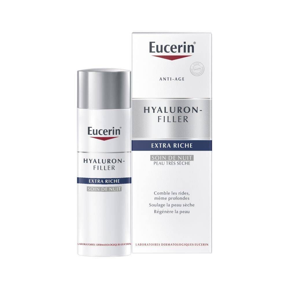 Eucerin Hyaluron-Filler Nachtcreme Extra Rich. Tube et boîte blanches. Inscription : Anti-Âge, Extra Riche, Soin de Nuit.