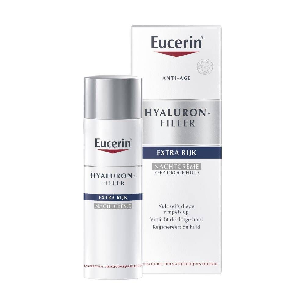 Eucerin Hyaluron-Filler Nachtcrème Extra Rijk. Witte tube en doos. Opschrift: Anti-Age, Extra Rijk, Nachtcrème.