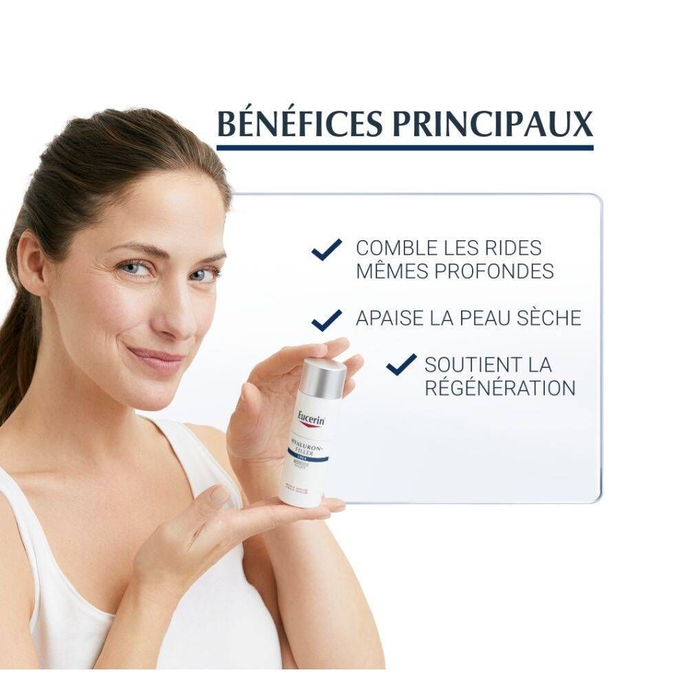 Femme tenant Eucerin Hyaluron-Filler Nachtcreme Extra Rich. Texte : Combines les rides, apaise la peau sèche, soutient la régénération.