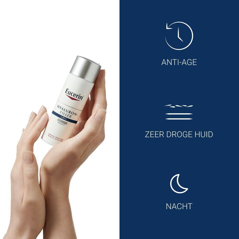 Handen houden Eucerin Hyaluron-Filler Nachtcrème Extra Rijk vast. Symbolen: Anti-Age, Zeer droge huid, Nacht.