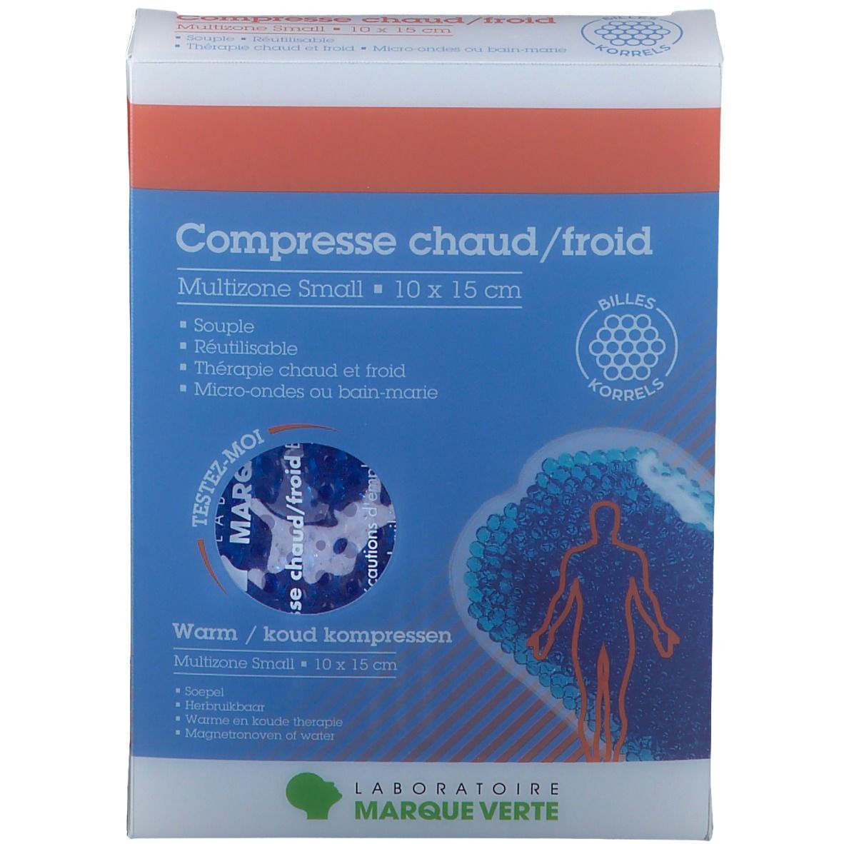 Blauwe en rode verpakking. Product: Compresse chaud/froid Multizone Small 10 x 15 cm. Merk: Laboratoire Marque Verte.