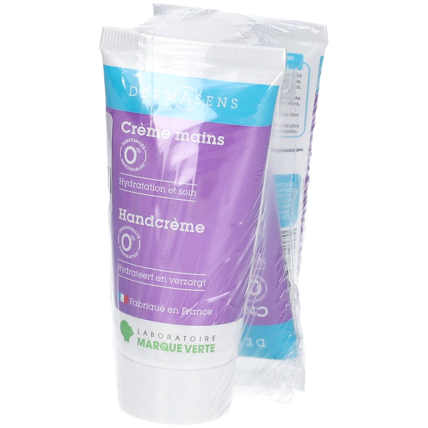 Deux tubes de crème pour les mains emballés. Inscription : Dermasens, Crème mains, Handcrème, Hydratation et soin, hydratant et soignant. Avec logo français.