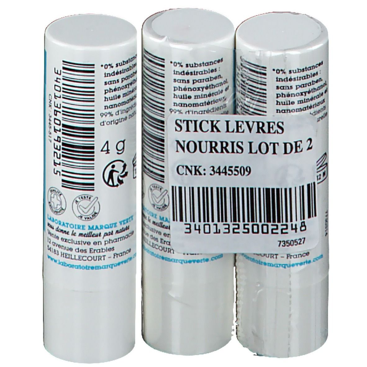 Trois sticks à lèvres, deux emballés. Inscription : "Stick levres nourris lot de 2".