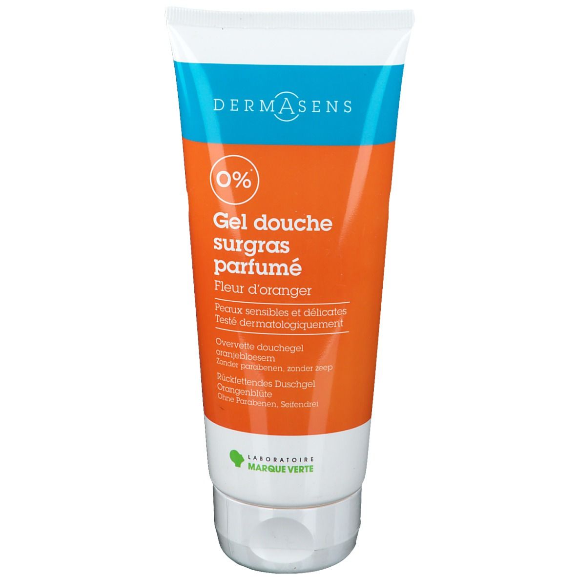 Oranje Dermasens tube. Blauwe en witte tekst: "Gel douche surgras parfumé" en "Fleur d'oranger". Logo "0%".