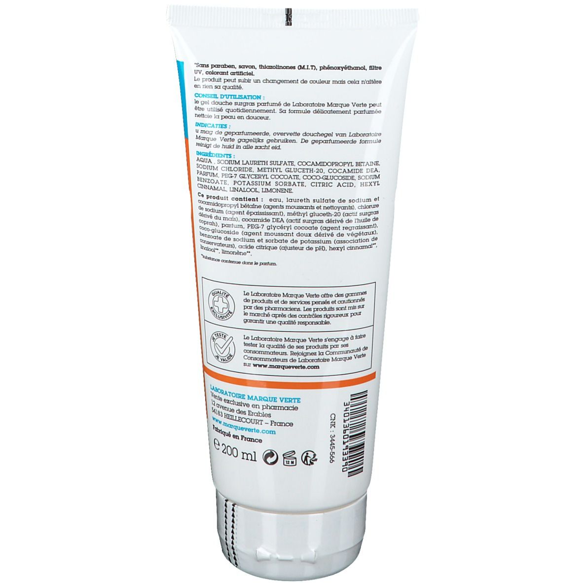 Achterkant van de Dermasens tube. Meertalige tekst. Ingrediënten en fabrikant informatie. 200 ml.
