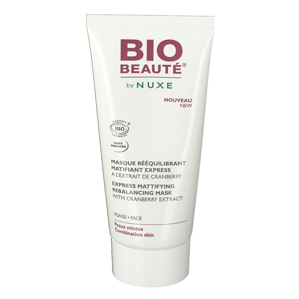 Tube blanc avec inscription BIO BEAUTÉ by NUXE. Contient un masque. Avec extrait de cranberry. Pour peaux mixtes.