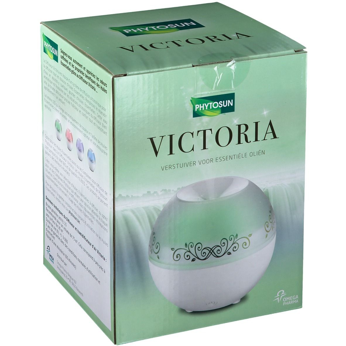 Boîte du produit. Inscription: Phytosun Victoria. Un diffuseur blanc et vert avec motif floral est visible.