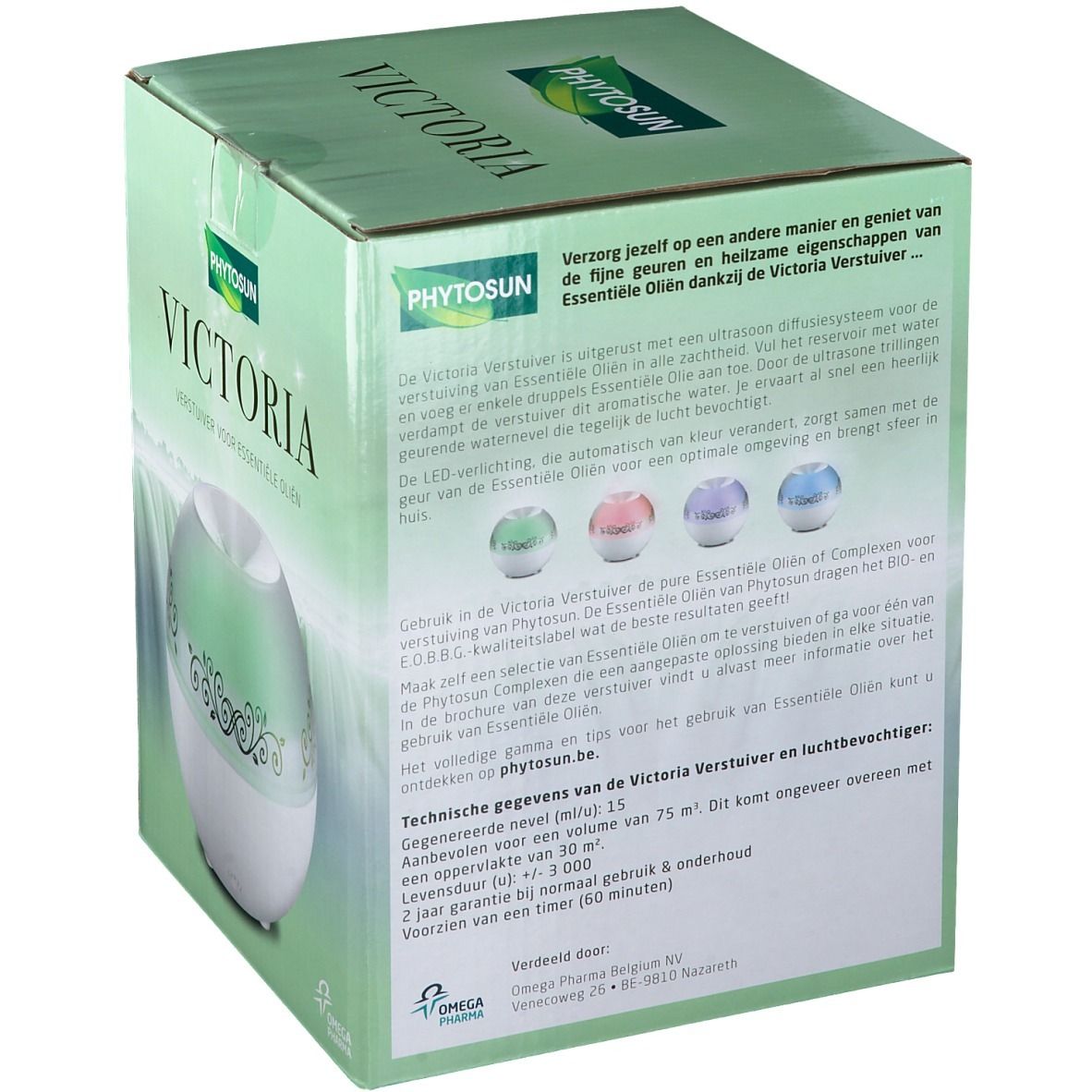 Emballage du produit. Inscription: Phytosun Victoria. Texte sur les caractéristiques du diffuseur. Le diffuseur est visible.